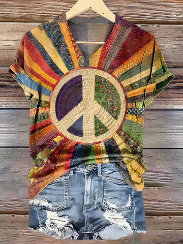 Women's Hippie Rainbow Peace Tie-dye Pattern Casual T-shirt