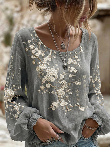 Women's Retro Japanese Cherry Blossom Art Crew Neck Linen Blend T-shirt