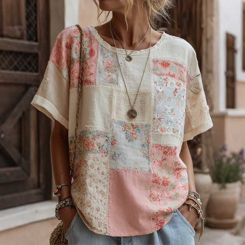 Women's Vintage Floral Patchwork Print Linen Blend T-shirt