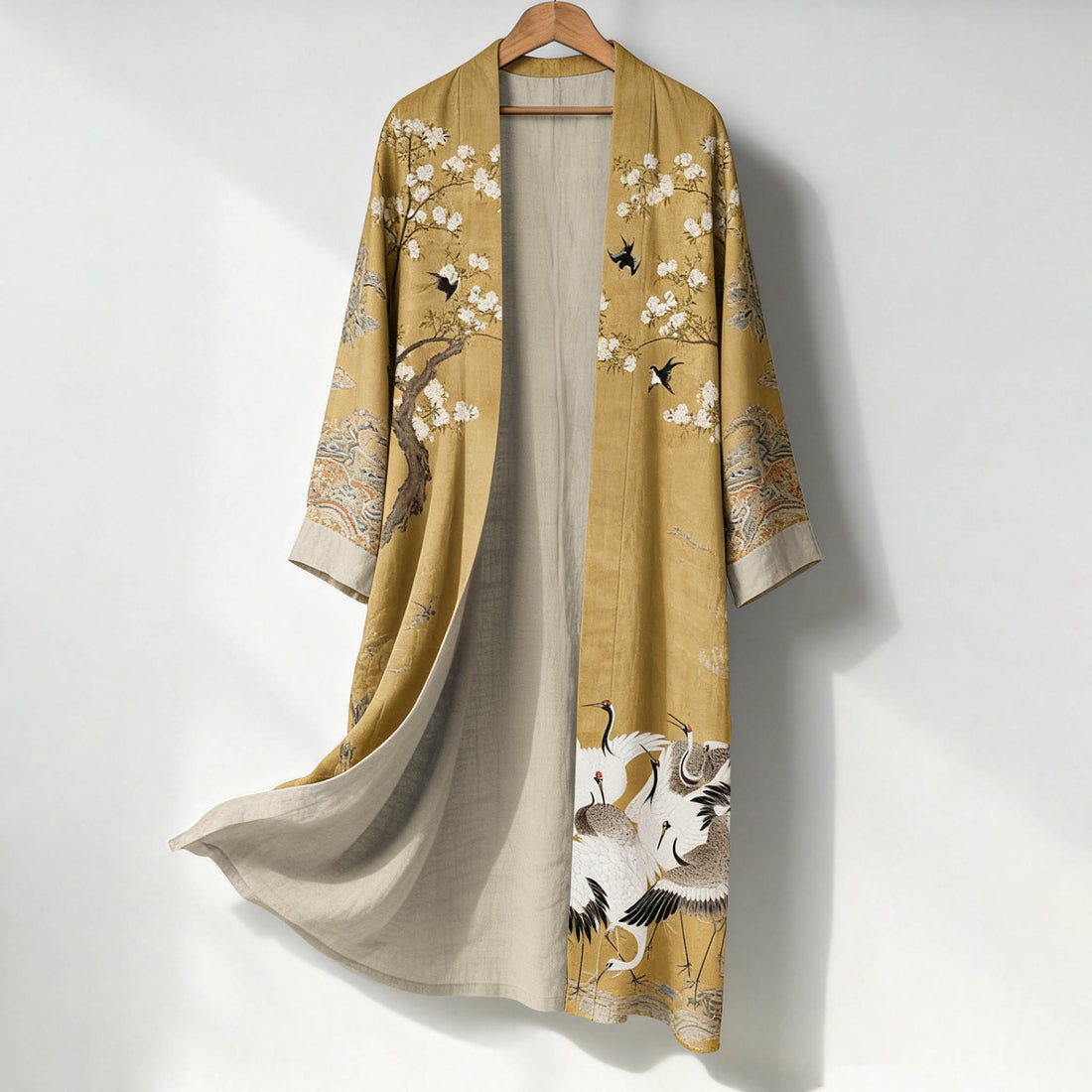 Women's Japanese Floral And Crane Art Pattern Linen Long Kimono