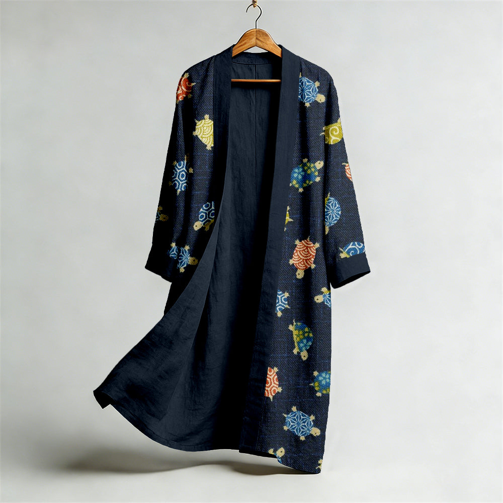 Vintage Japanese Turtle Art Flowy Linen Long Kimono