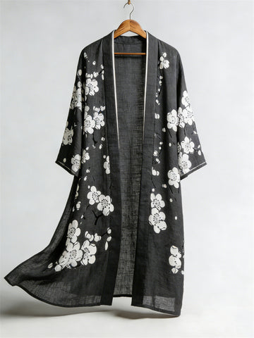 Japanese Plum Blossom Lino Art Flowy Long Linen Kimono