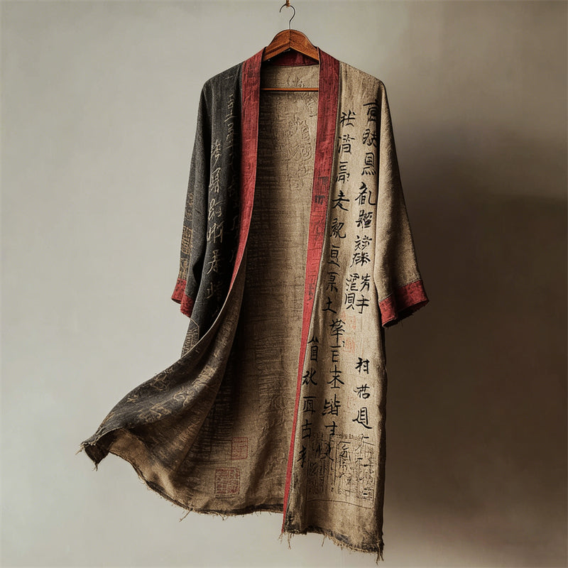 Japanese Calligraphy Contrast Art Linen Long Kimono