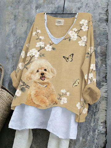 Women's Cute Poodle With Pear Blossom Art V-neck Linen Blend T-shirt