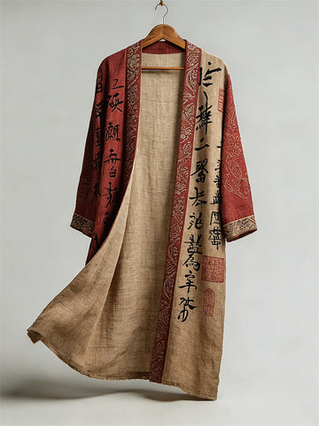 Japanese Calligraphy Art Contrast Linen Long Kimono