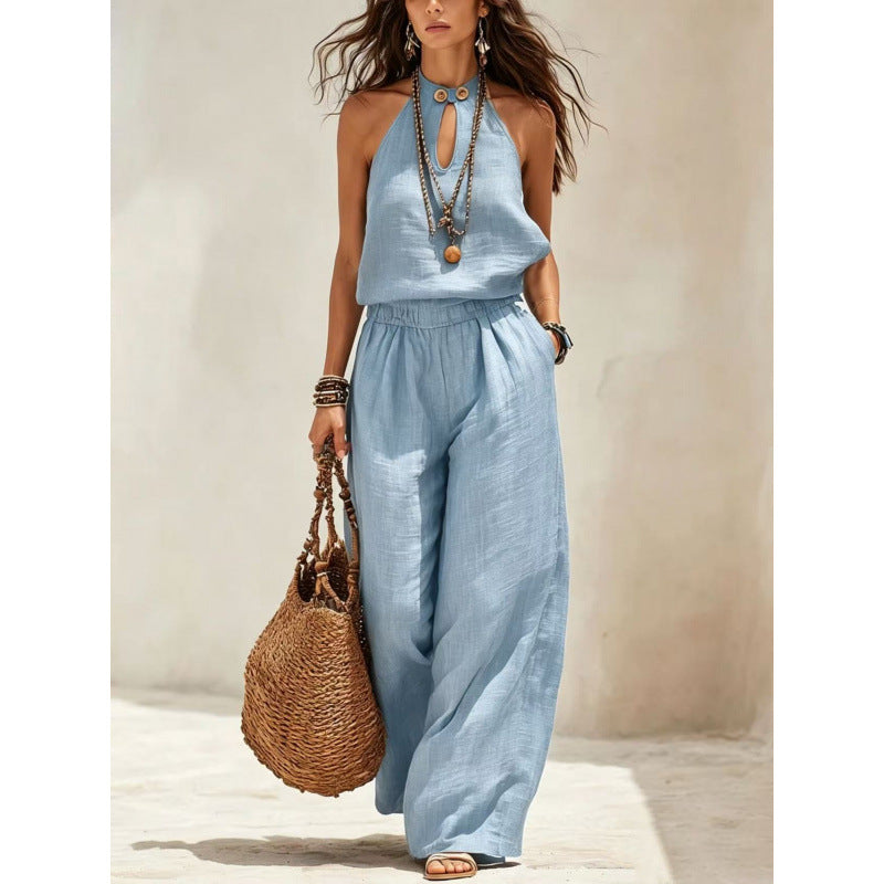 Khaki Keyhole Halter Linen Wide-Leg Two-Piece Set