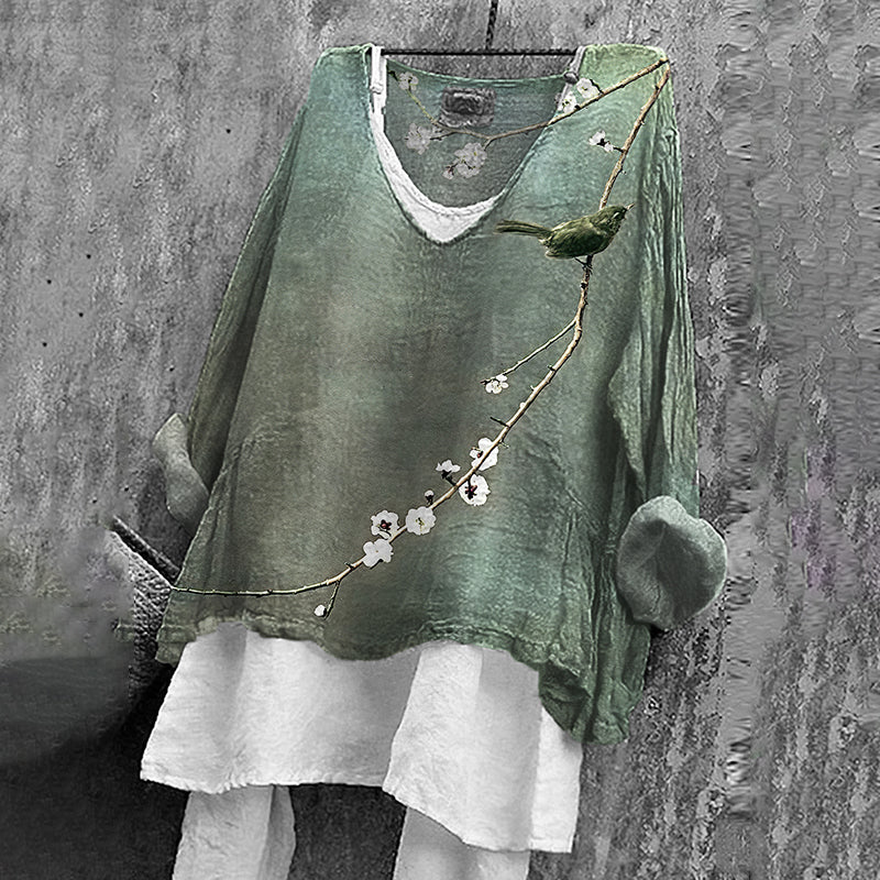 Women's Japanese Floral & Birds Art Linen Blend T-shirt