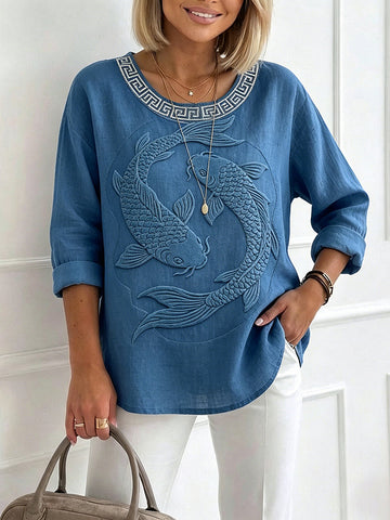 Japanese Koi Fish Art Round Neck Linen T Shirt