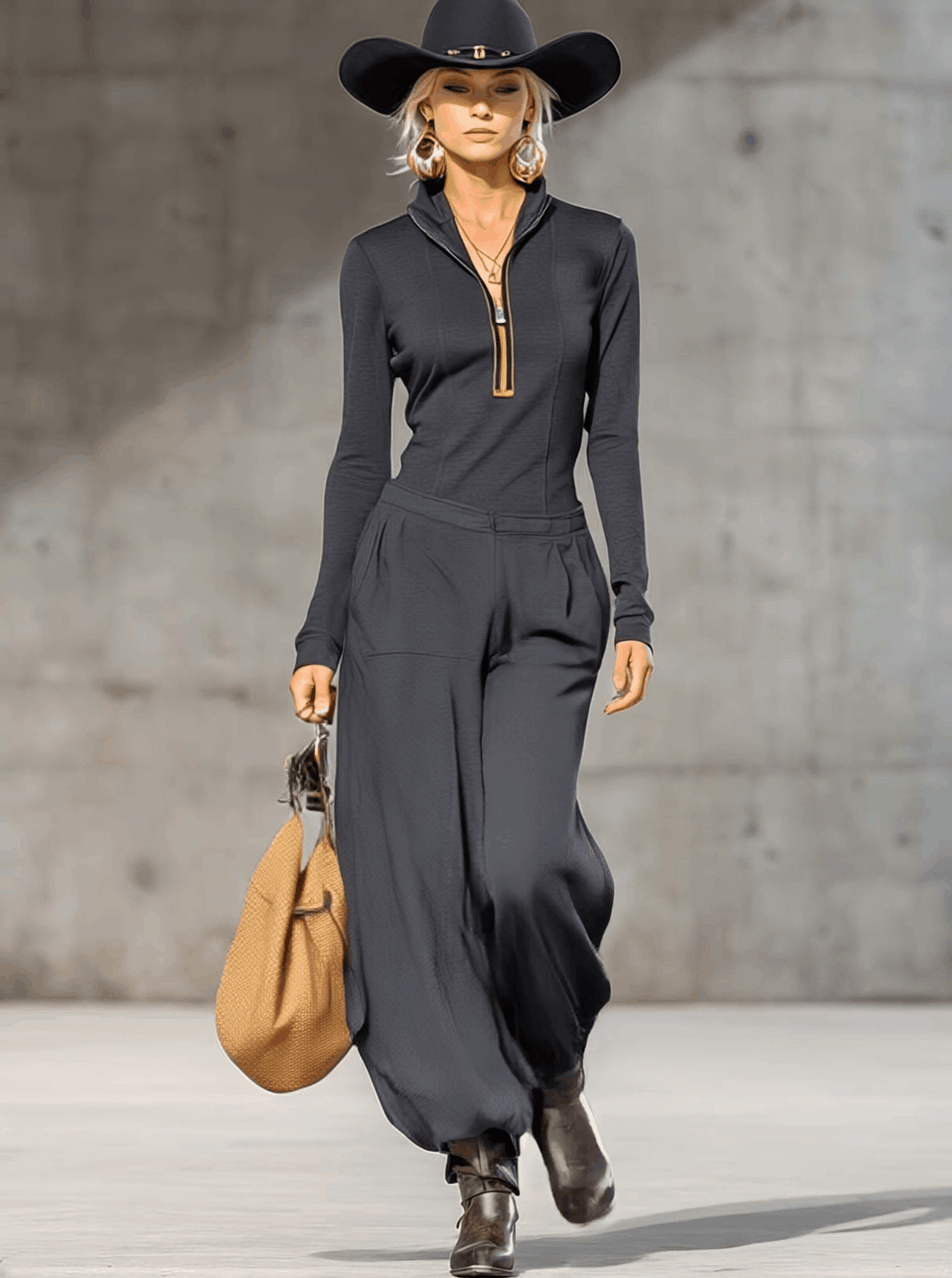 Casual Retro Sports Dark Gray Half-high Collar Front Zipper Long-sleeved Top And Wide Pants Set