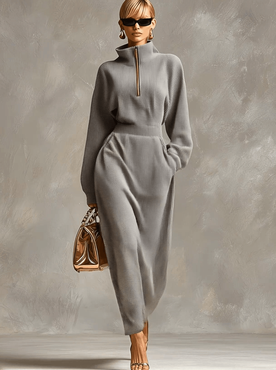 Exquisite Casual Lapel Front Zipper Long Sleeve Light Gray Waffle Fabric Maxi Dress