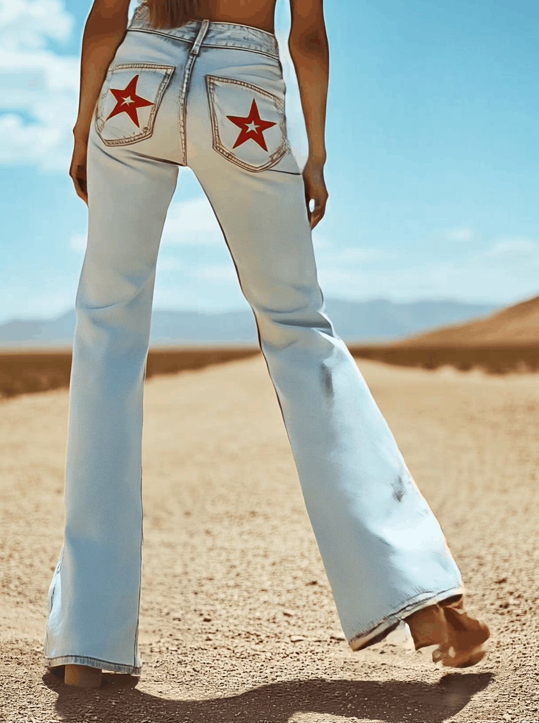 【24-hour shipping out】Vintage Back Pocket Star Embroidery Denim Flared Pants