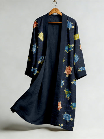 Vintage Japanese Turtle Art Flowy Linen Long Kimono