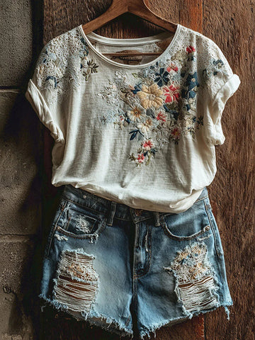 Women's Vintage Floral Art Casual Short Sleeve T-shirt