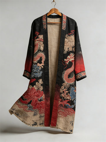 Japanese Ancient Dragons Art Linen Long Kimono