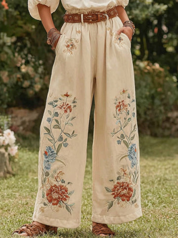 Women's Retro Bohemian Floral Patchwork Linen Trousers