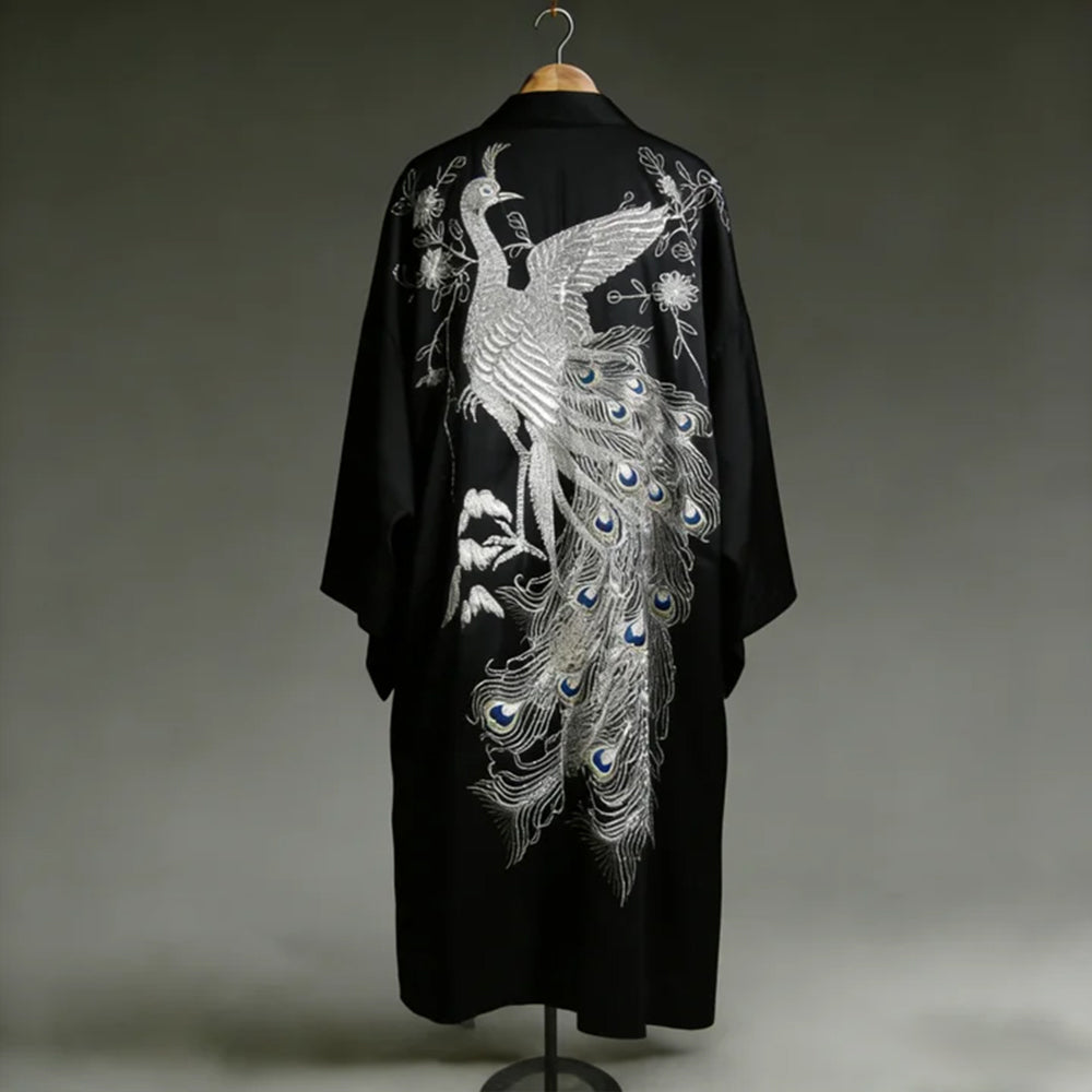 Japanese-style Peacock And Floral Embroidery Art Linen Long Kimono