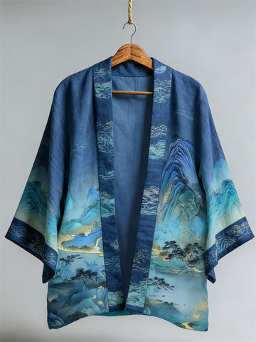 Japanese Mountains Landscape Gradient Linen Kimono