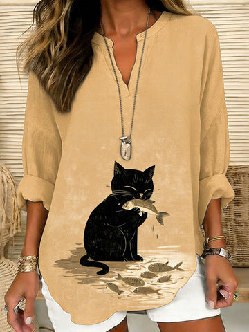 Women's Japanese Artistic Fun Cat Pattern Linen Blend T-shirt
