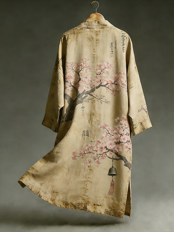 Retro Cherry Blossom Tree Art Linen Kimono