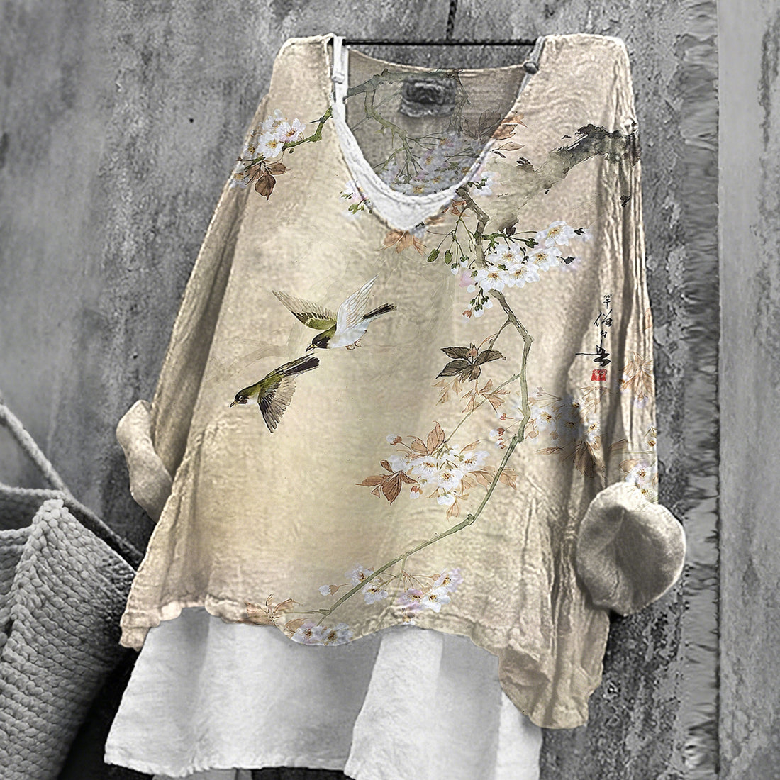 Women's Japanese Floral Art Linen Blend T-shirt