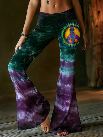 Women's Hippie  Peace Symbol Tie-dye Pattern Flare Yoga Pants