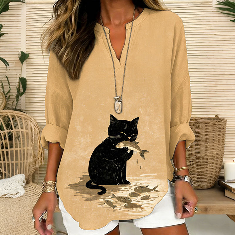 Women's Japanese Artistic Fun Cat Pattern Linen Blend T-shirt