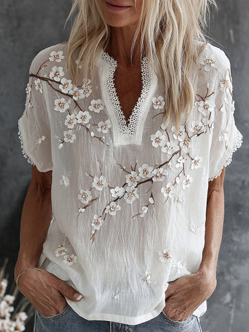 Women's Vintage Floral Print Casual Linen T-shirt