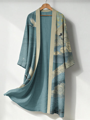 Retro Japanese Crane Lino Art Flowy Long Linen Kimono