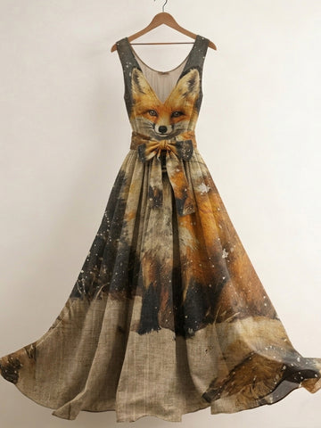 Women's Retro Fox Floral Print Casual Sleeveless Dress