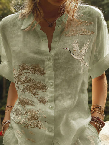 Women's Retro Japanese Pine Tree Art Pattern Casual Linen Shirt
