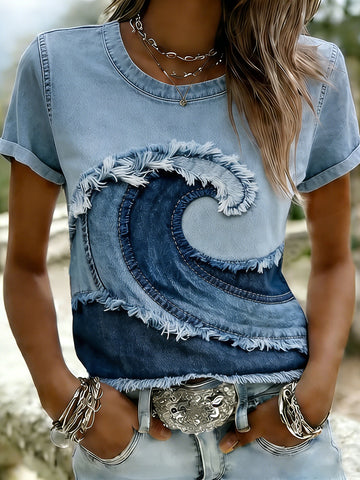 Retro Japanese Art Denim Waves Patchwork Pattern Linen T-shirt