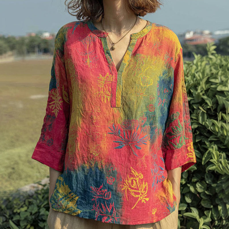 Women's Floral Pattern Tie-dye Art V-neck T-shirt