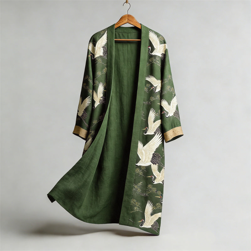Japanese Cranes & Pine Trees Flowy Linen Long Kimono