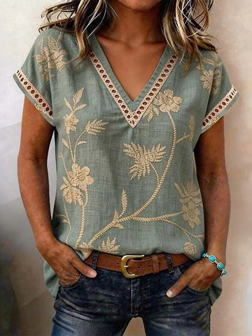 Women's Casual Lace-trimmed Flowers Printed T-shirt