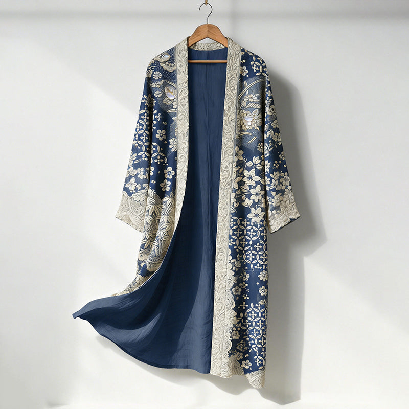 Women's Vintage Japanese Flower Art Linen Long Kimono