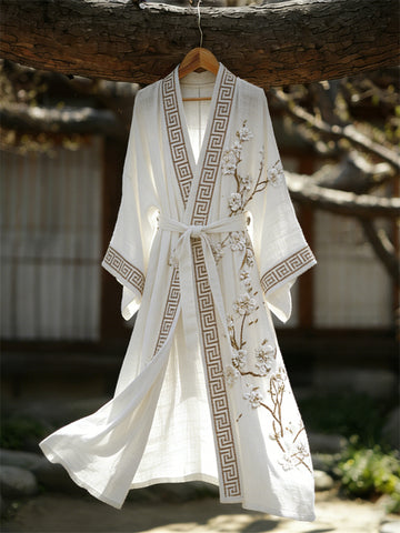 Classy White Almond Blossom Flowy Linen Kimono