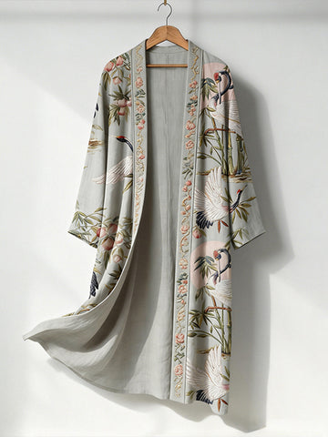Women's Japanese Crane And Flower Art Print Long Kimono