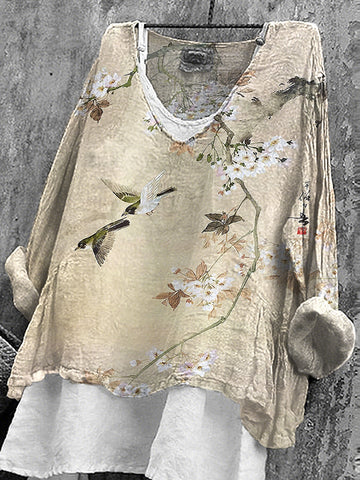 Women's Japanese Floral Art Linen Blend T-shirt