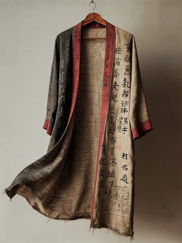 Japanese Calligraphy Contrast Art Linen Long Kimono
