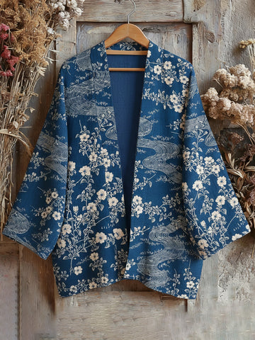 Retro Japanese Traditional Sashiko With Floral Art Print Cotton And Linen Blend Kimono Cardigan