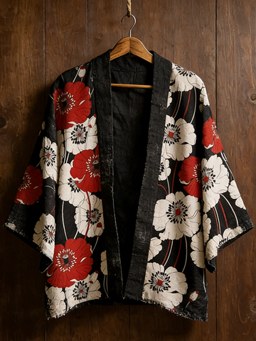 Japanese Art Retro Floral Pattern Cotton And Linen Cardigan