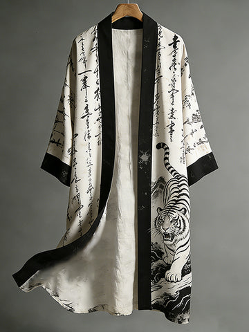 Retro Japanese Mountain Tiger Art Black And White Contrast Linen Long Kimono
