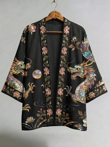 Japanese Dragon And Pearl Motif Art Linen Kimono