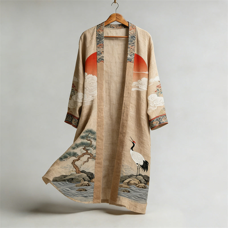 Japanese Crane Sunrise Landscape Flowy Linen Long Kimono