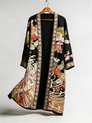 Japanese Chrysanthemum Floral Art Flowy Long Linen Kimono