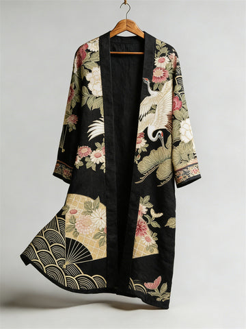 Japanese Cranes & Fan Floral Flowy Linen Long Kimono