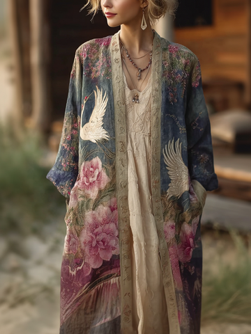 Japanese Art Retro Style Plant Flower And Crane Pattern Women's Cotton And Linen Cardigan
