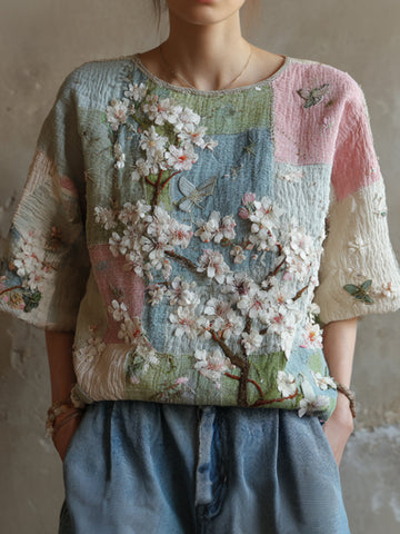 Women's Cherry Blossom Embroidery Art Patchwork Cotton Linen Round Neck Short Sleeve Top