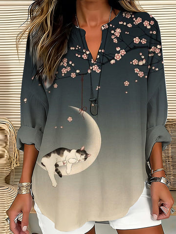Japanese Moon Kitty V-neck Cotton And Linen Top