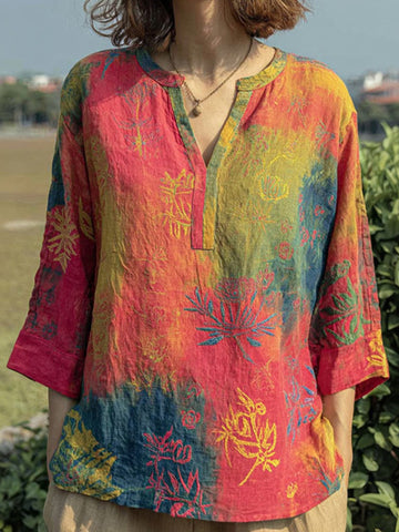 Women's Floral Pattern Tie-dye Art V-neck T-shirt
